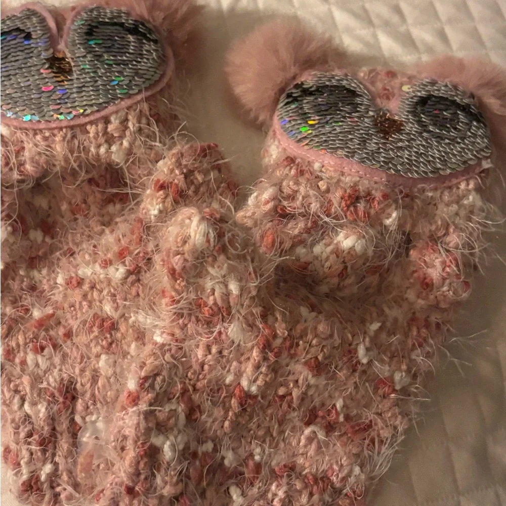 The Children's Place Pink Fuzzy Mittens with Sequin Hearts that reverse to sleep